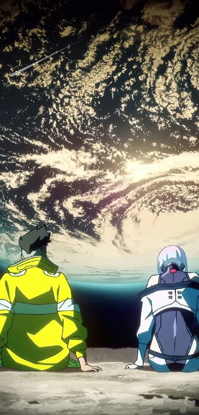 Futuristic anime characters gaze at Earth from space, creating a cosmic scene.