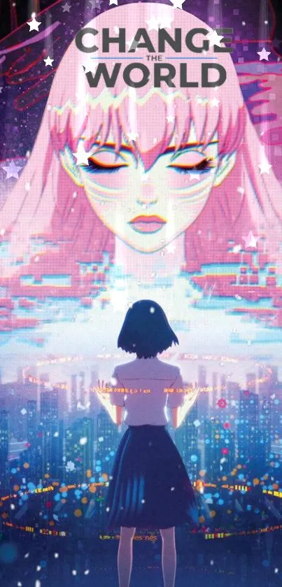 Futuristic anime wallpaper with pink hues and a dreamlike digital landscape.