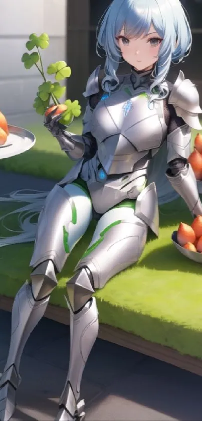 Futuristic anime warrior with silver armor holding fruits.