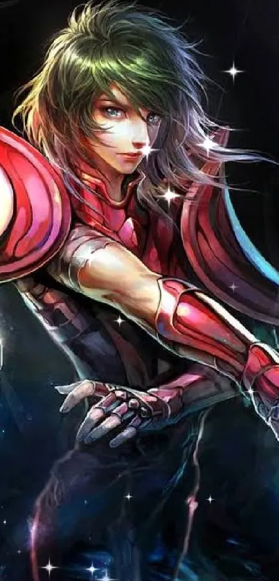 Anime warrior in red armor with chains.