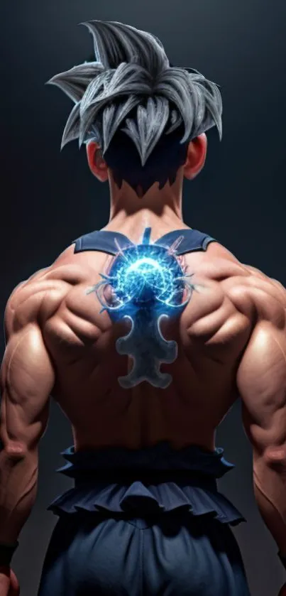 Futuristic anime warrior with energy pulse and muscular back view.