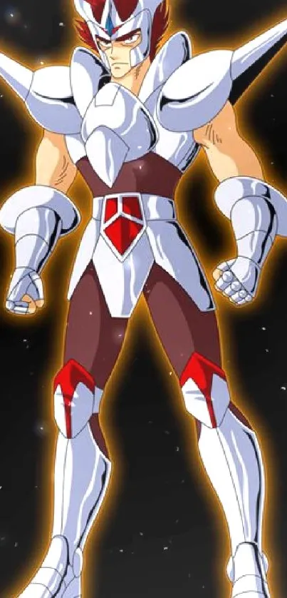 Anime warrior in futuristic armor on a cosmic background.