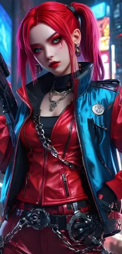 Anime warrior girl in vibrant cyberpunk setting with red and blue attire.