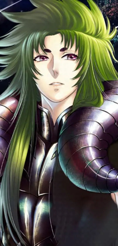 Anime warrior with green hair and metallic armor on a cosmic background.