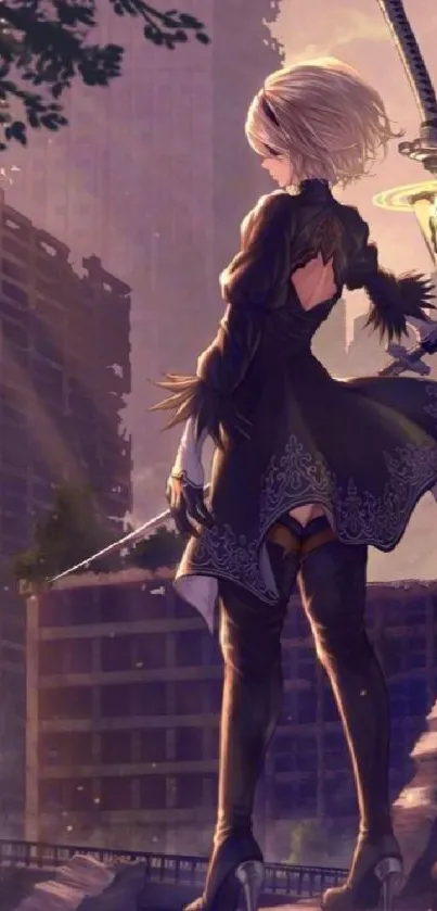 Anime warrior stands in a futuristic, ruined cityscape with a sword, exuding strength.