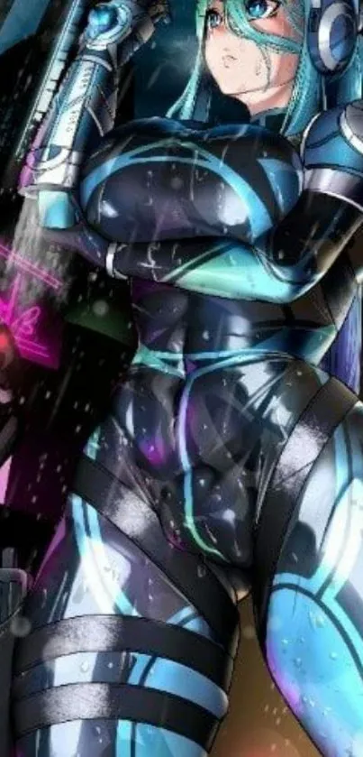 Futuristic anime warrior in detailed armor under rain, cyberpunk theme.