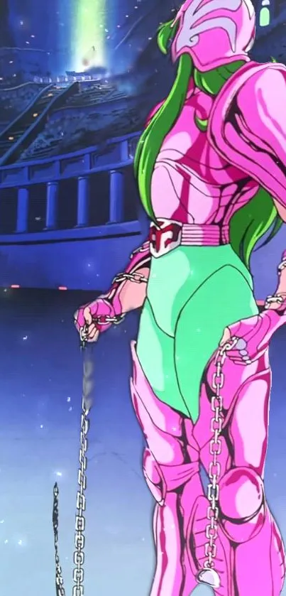 Anime warrior in pink armor with neon colors.