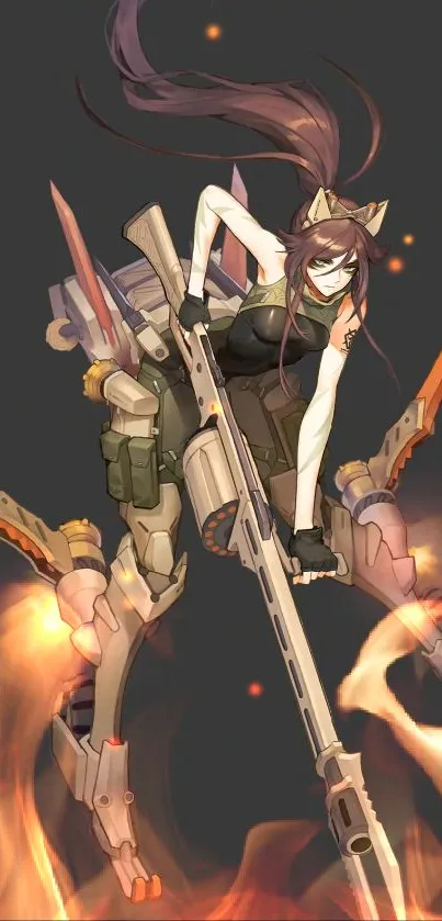 Futuristic anime warrior with sniper and flames.