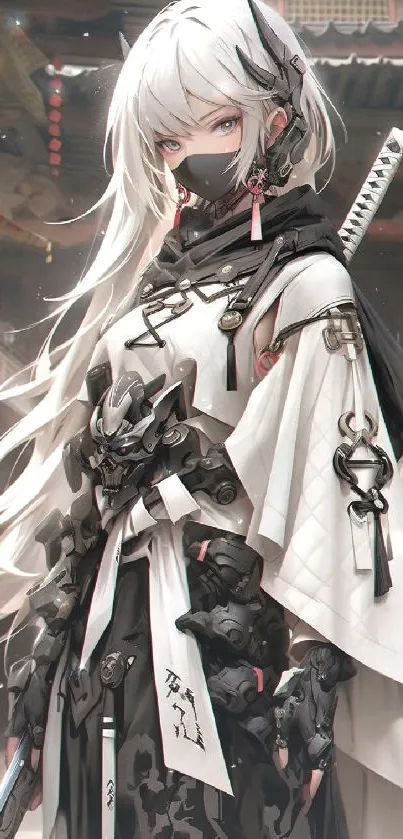 Futuristic anime warrior with white and black attire, set in a detailed backdrop.