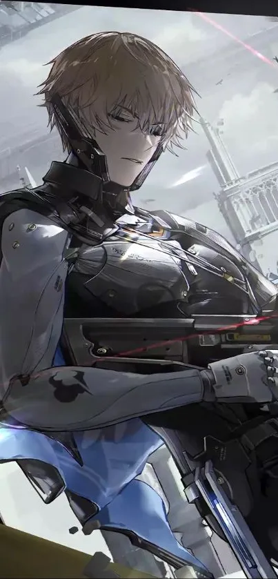 Anime warrior with futuristic armor in a sci-fi setting.