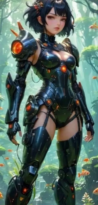 Anime character in robotic armor with fish in background.