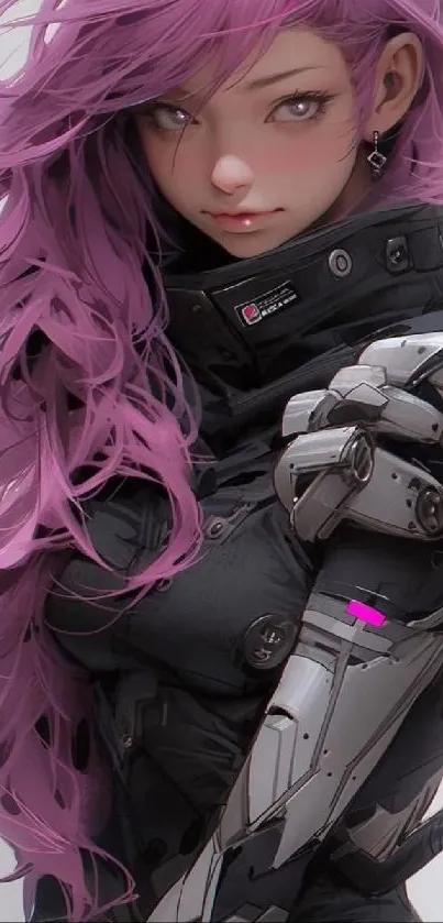 Purple-haired anime warrior in futuristic armor design.