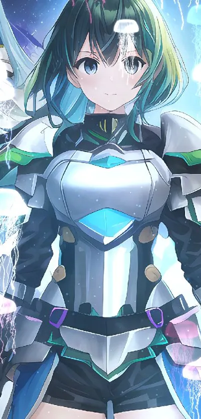 Anime warriors in futuristic armor under a cosmic sky with vibrant colors.