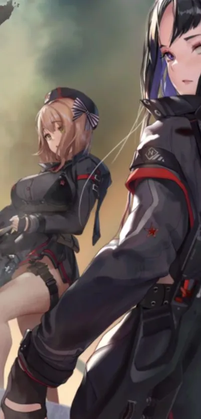 Anime warriors in futuristic tactical gear on a dramatic background.