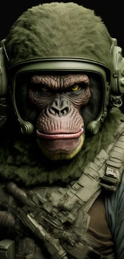 Futuristic ape soldier in green armor with helmet on a black background.