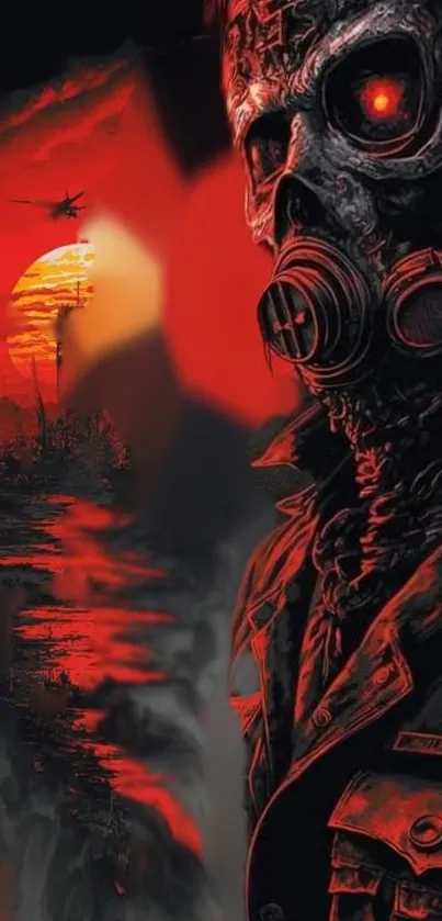 Dystopian skull with gas mask under a fiery sunset.