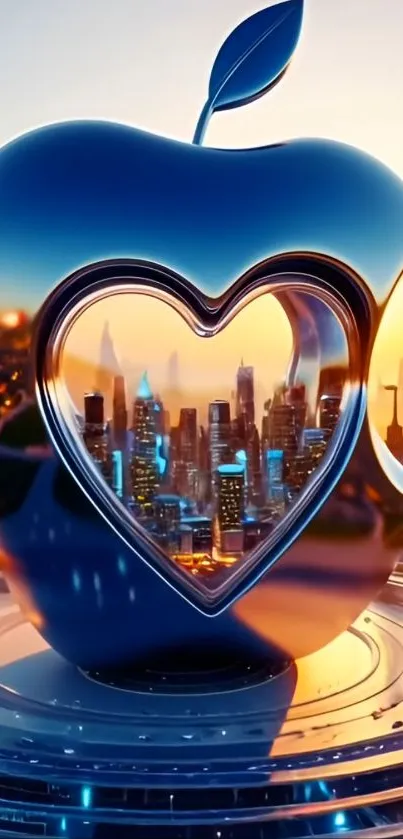 Futuristic cityscape within metallic apple at sunset.