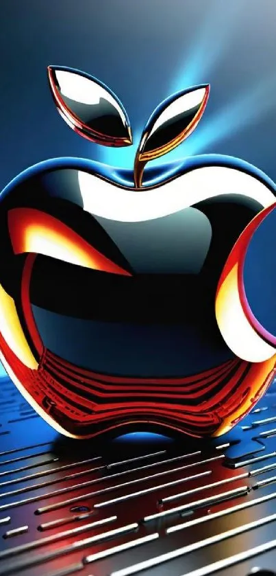 A futuristic Apple logo with vibrant colors and a metallic finish on a tech background.