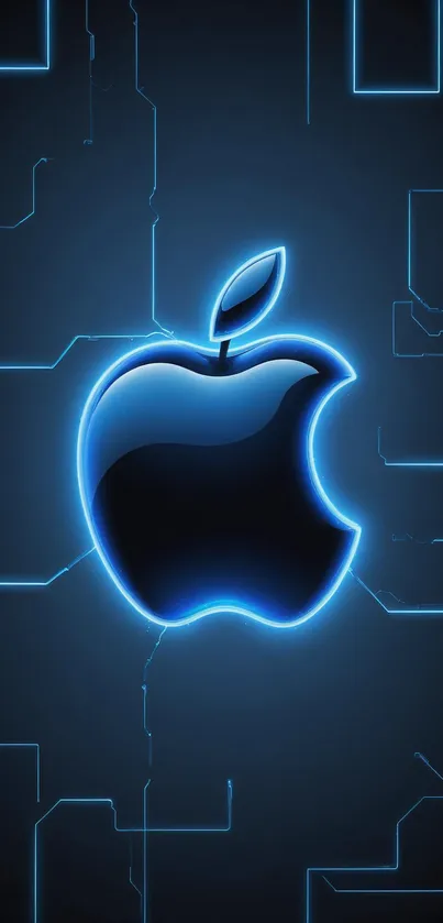 Neon blue Apple logo on a dark tech background.