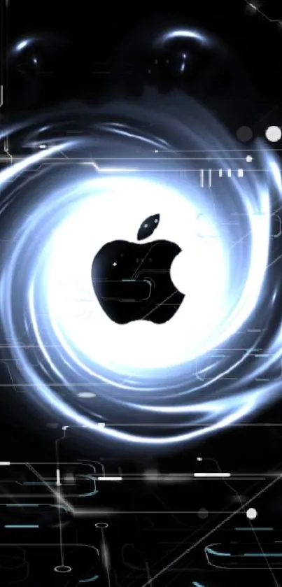 Futuristic Apple-themed wallpaper in black with a glowing swirl design.