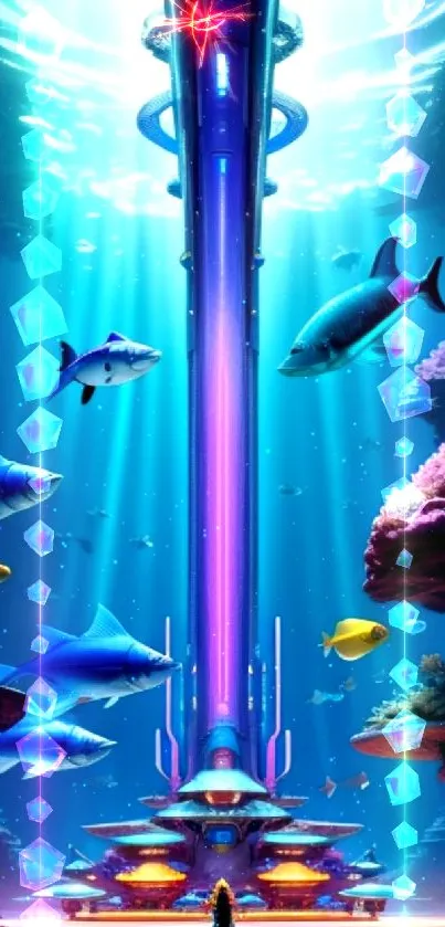 Futuristic underwater aquarium with vibrant marine life and neon-lit structures.