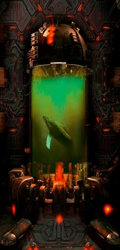 Futuristic green whale in a cybernetic aquarium wallpaper.