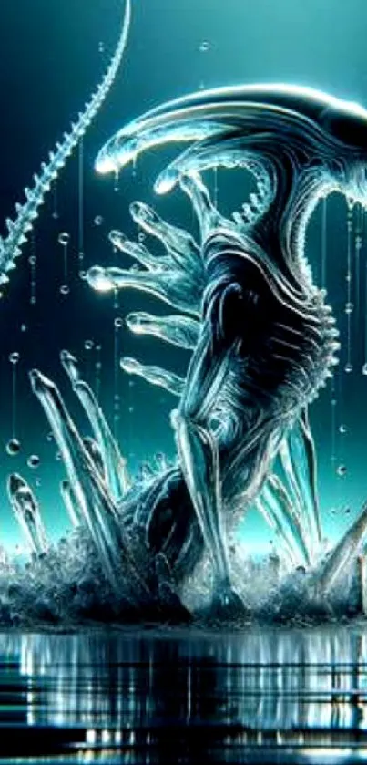 Futuristic alien creature rising from water in abstract teal design.