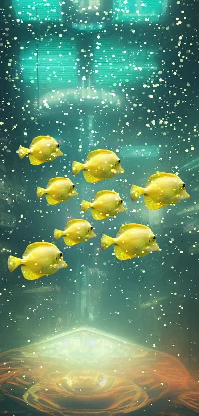 Yellow fish swim in a teal, bioluminescent futuristic scene.