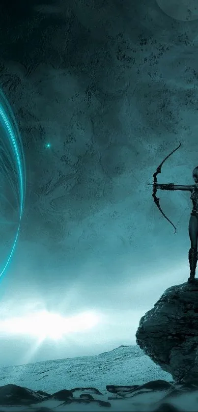 Futuristic archer aiming in a galaxy landscape wallpaper.