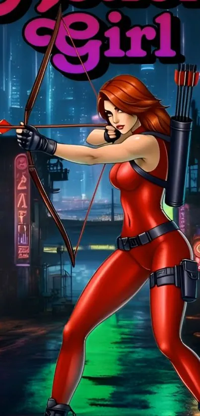 Futuristic archer girl in red outfit in a neon-lit city.