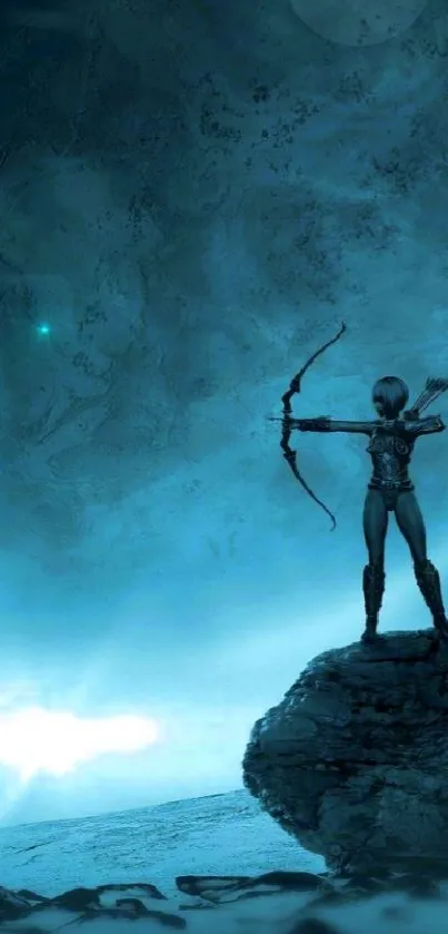 Futuristic archer aiming at portal on alien landscape.