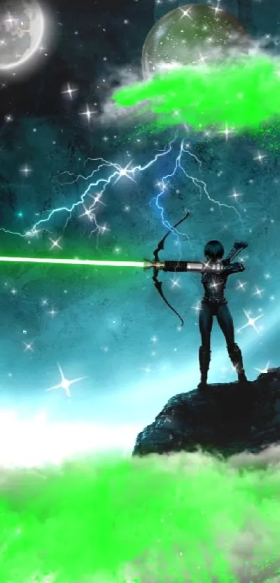 Futuristic archer with neon colors in a cosmic landscape.