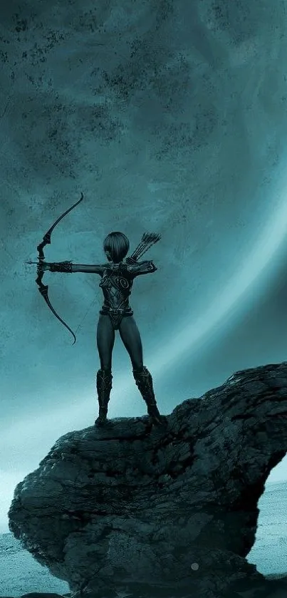 Silhouetted archer stands under a moonlit sky, creating a futuristic and mystical vibe.