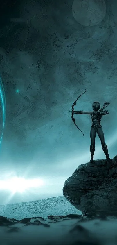 Epic sci-fi archer poised on a rock against a teal celestial backdrop.