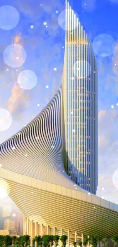 Futuristic skyscraper against a blue sky wallpaper.