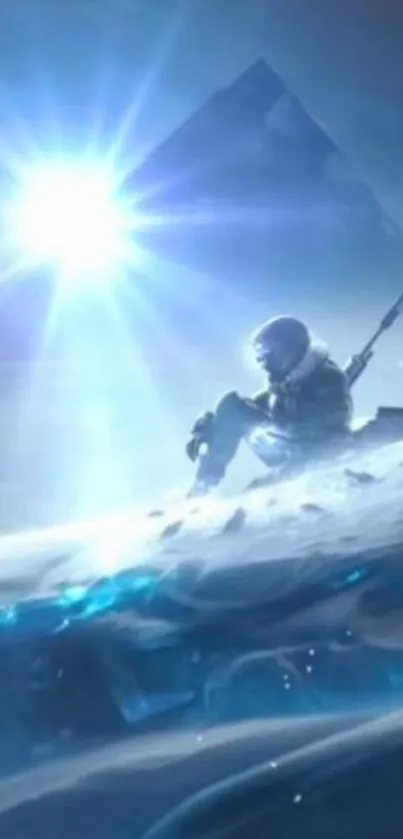 Futuristic arctic explorer in icy terrain, under a radiant blue glow.