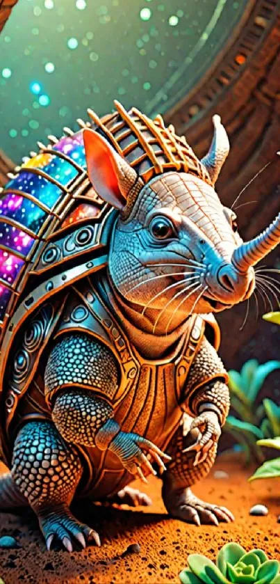 Futuristic armadillo with colorful, cosmic armor mingled with nature.