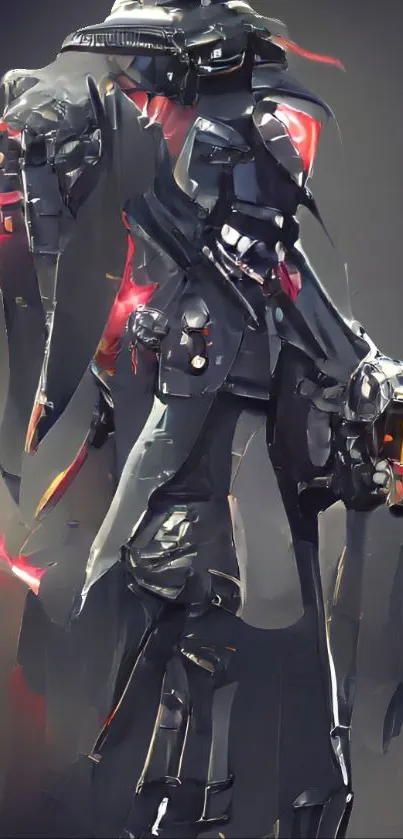 Futuristic abstract armor design in dark tones with red accents.