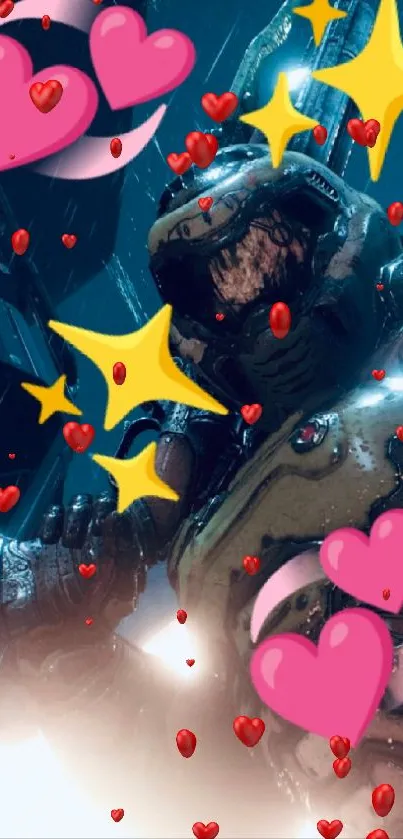 Futuristic armored figure with hearts and star emojis.