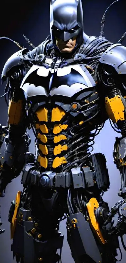 Futuristic Batman in high-tech armor with a robotic design.