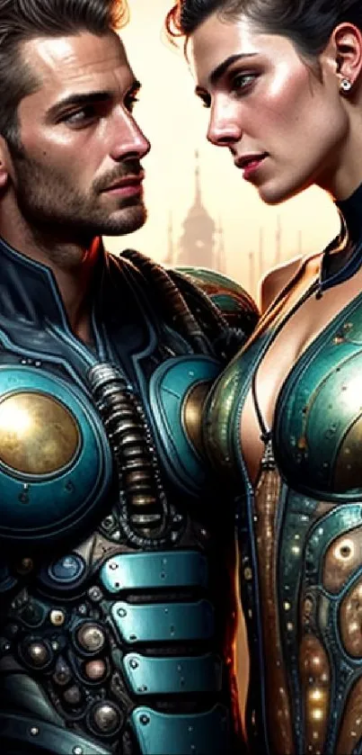 Futuristic couple in ornate armor set against a vibrant backdrop.