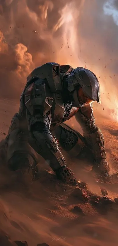 A lone armored figure in a futuristic desert storm setting.