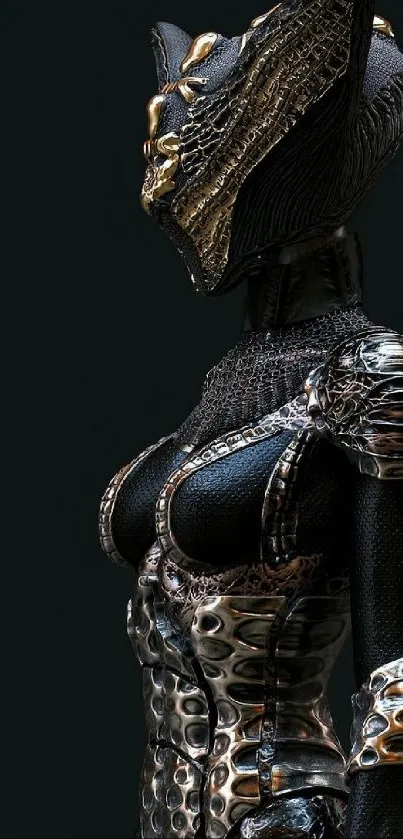 Futuristic armored figure in dark tones.