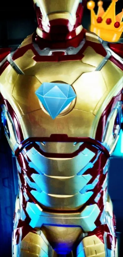 Futuristic metallic armor with red and gold hues and a crown on top.