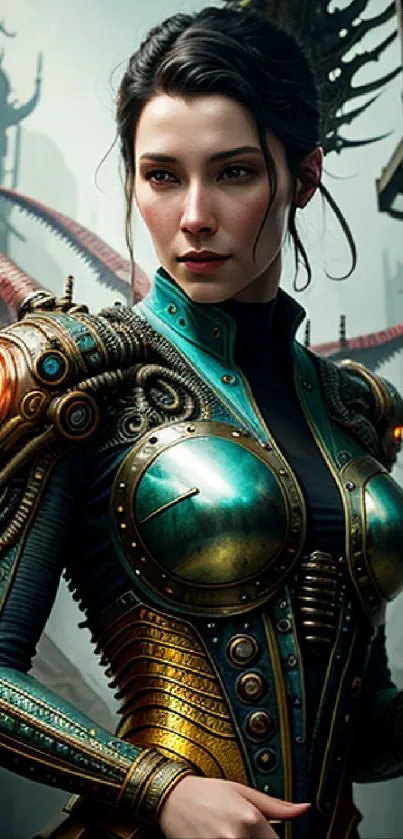 Futuristic digital art of a female warrior in intricate armor.