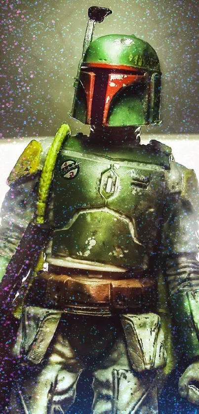 Futuristic armored figure with a glowing light backdrop in a sci-fi theme.