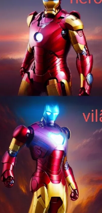 Futuristic hero vs villain in dynamic armor.