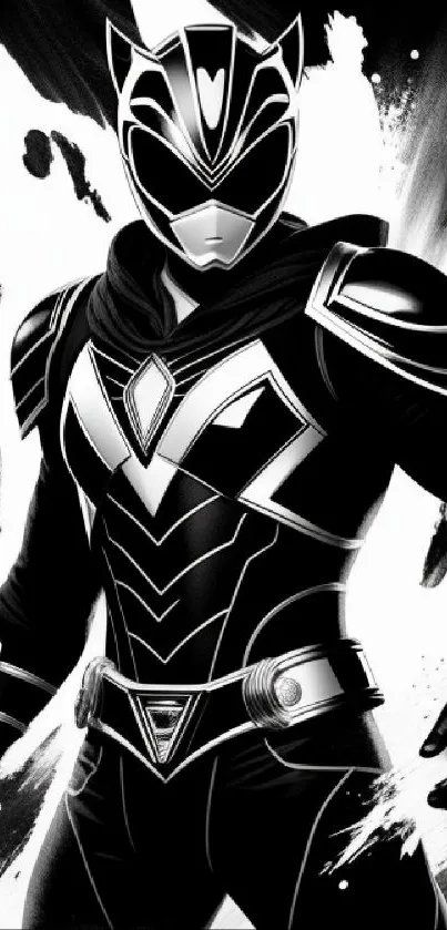 Futuristic hero in black and white armor on a striking wallpaper.