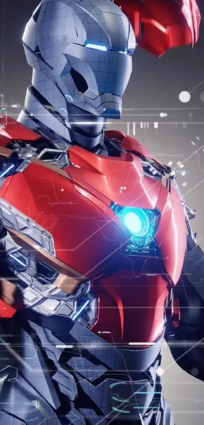 Futuristic armored hero with red and blue accents, on a tech-themed mobile wallpaper.