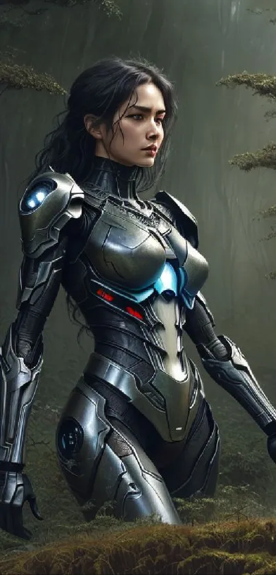 Futuristic warrior in armor amidst a dark forest setting.